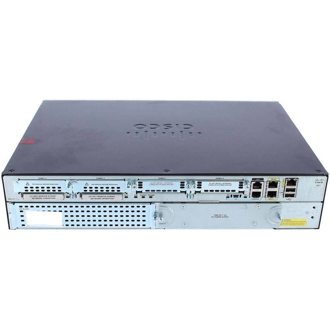 Cisco 2911 ISR with 3 onboard GE, 4 EHWIC slots, 2 DSP slots, 1 ISM slot, 256MB CF default, 512MB DRAM default, w/SEC License