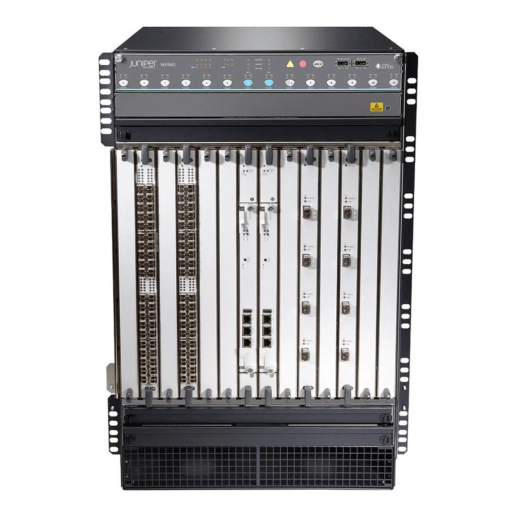 Juniper Networks MX960 Router, 14 slots (4 x PWR-MX960-4100-AC, 2 x MPC-3D-16XGE-SFPP, 1 x MPC2E-3D-NG, 1 x MIC-3D-20GE-SFP-E, 2 x SCBE2, 2 x RE-S-X6-64G, 2 x FFANTRAY-MX960-HC)