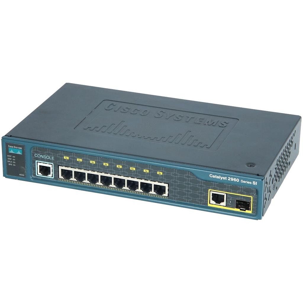 Cisco Catalyst 2960 8 10/100 Ethernet ports, 1 dual-purpose uplink (dual-purpose uplink port has 1 10/100/1000 Ethernet port and 1 SFP-based Gigabit Ethernet port, 1 port active), LAN Lite software