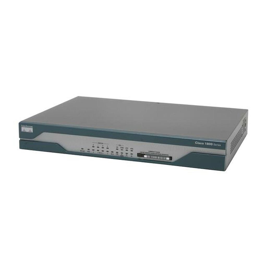 Cisco 1801 ISR ADSL over POTS router with 8-port 10/100BASE-T switch, ISDN S/T backup, Cisco IOS Advanced IP Services, 32 MB Flash, and 128 MB DRAM